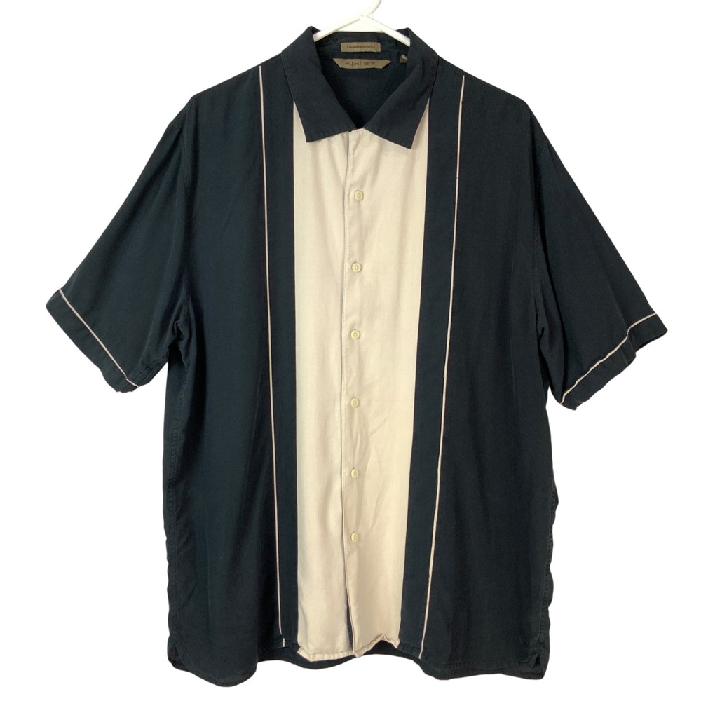 Axist Washable Silk Black Cream Colorblock Button Up Shirt L Collared Short Slv